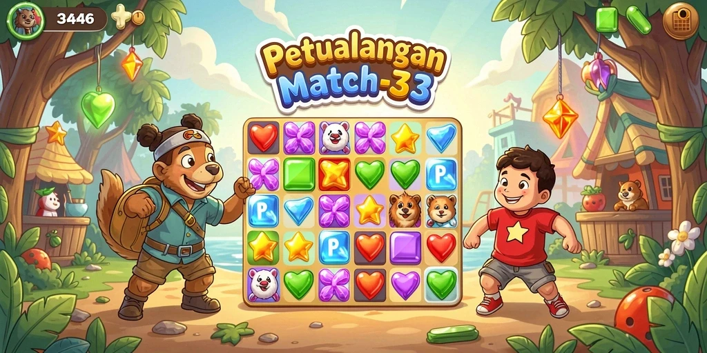 Tangkapan layar 3446 menunjukkan aksi seru gameplay Match-3 yang penuh warna.