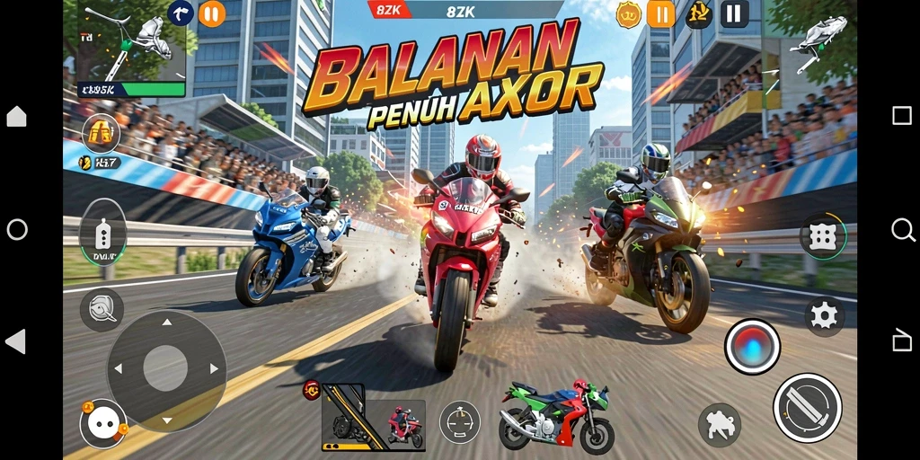 Tampilan menegangkan layar balapan motor di 8ZK.