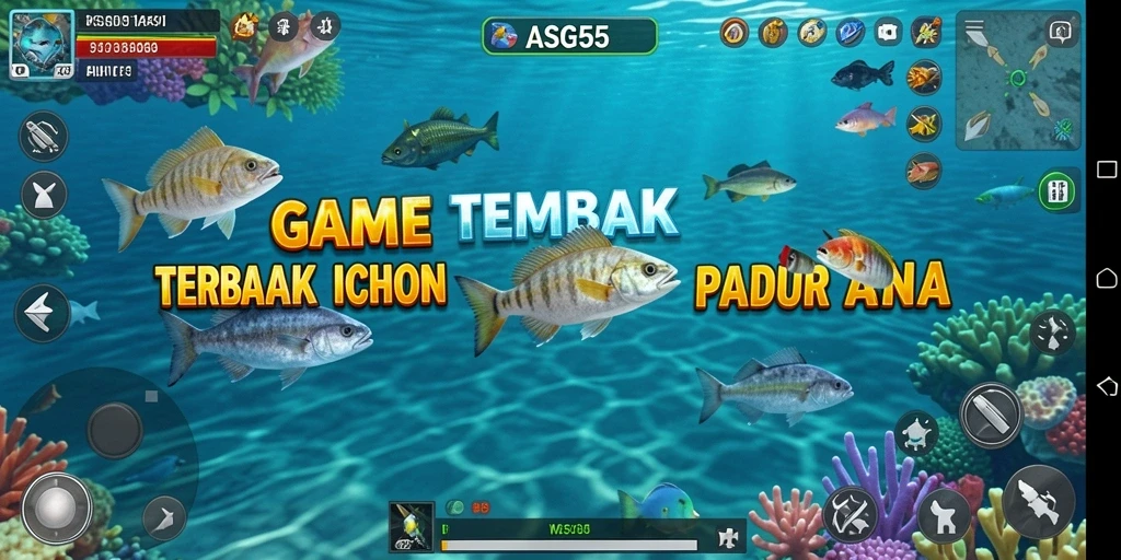 Screenshot gameplay ASG55 menampilkan serunya menembak ikan di lautan.