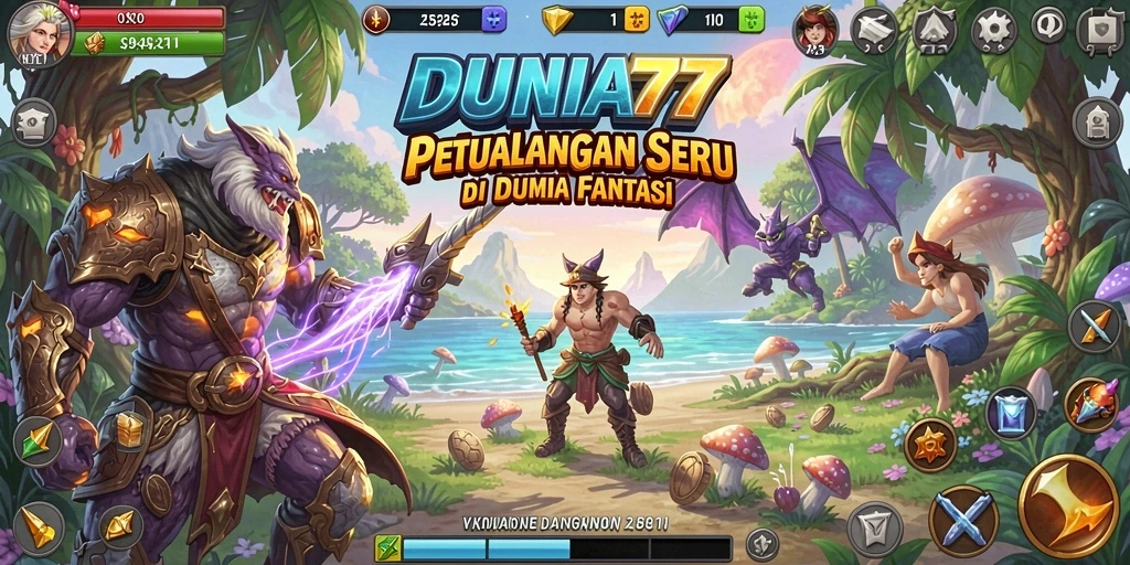 Tampilan gameplay DUNIA77 dengan karakter menjelajahi dunia fantastis.