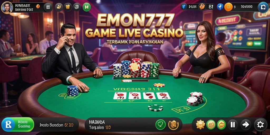 Tangkapan layar gameplay EMON777 yang menampilkan dealer langsung dan suasana kasino.
