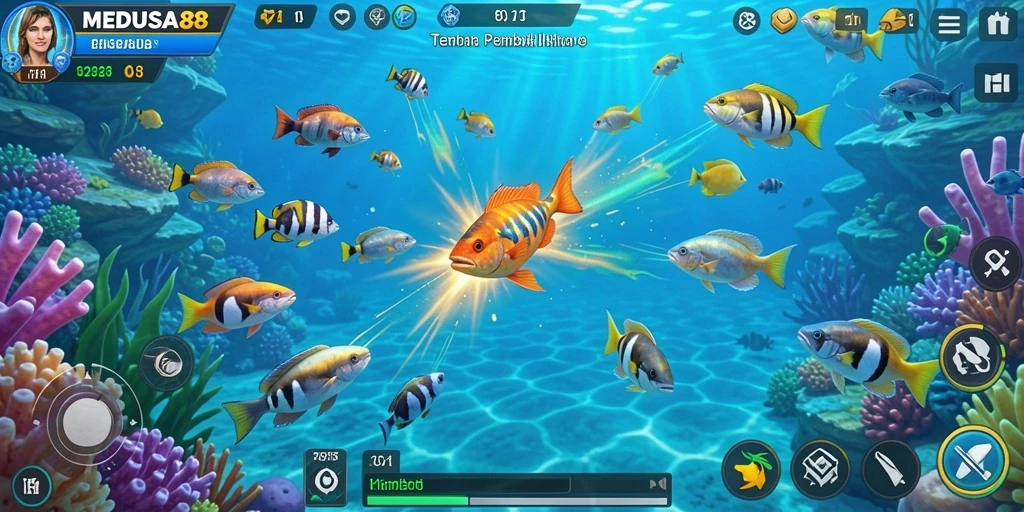 Tampilan gameplay seru dalam MEDUSA88 saat menembak ikan.